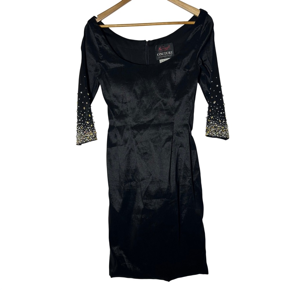 Mac Duggal Couture Dress 8 Cocktail Black Satin Sheath Beaded Vintage Style